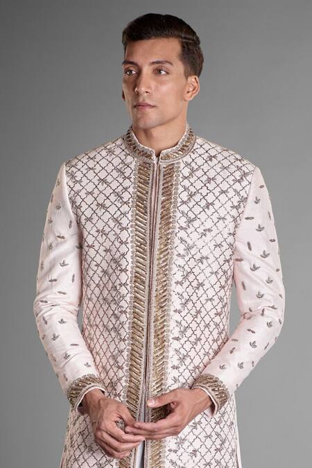 More Mischief Pink Silk Zari Zardozi Embellished Sherwani Online at Aza Fashions More Mischief_Pink Silk Zari Zardozi Embellished Sherwani_Online_at_Aza_Fashions
