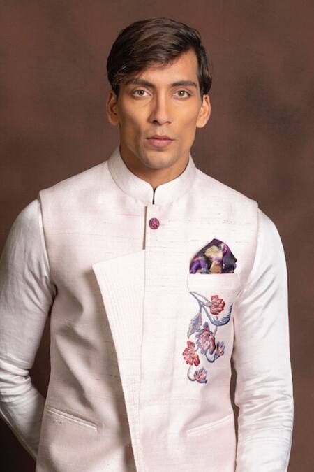 More Mischief_Pink Silk, Cotton Embroidery Floral Raw Bundi Set_Online_at_Aza_Fashions