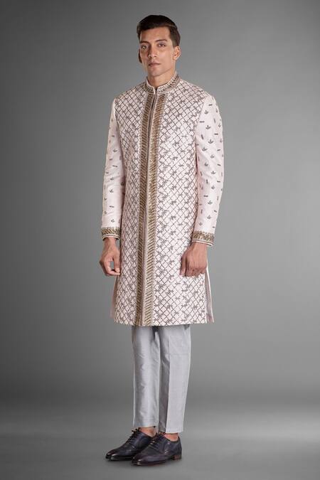 Buy More Mischief Pink Silk Zari Zardozi Embellished Sherwani Online at Aza Fashions Buy_More Mischief_Pink Silk Zari Zardozi Embellished Sherwani_Online_at_Aza_Fashions