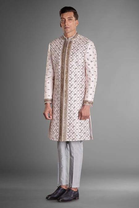Buy_More Mischief_Pink Silk, , Satin Zari Raw Embellished Sherwani Set_Online_at_Aza_Fashions