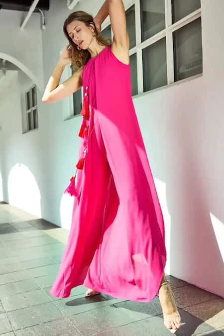 Buy_Style Junkiie_Pink Georgette Tassels Halter Neck Jumpsuit With _Online_at_Aza_Fashions