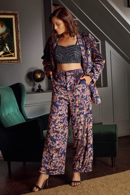 Buy_Priyanka Jain_Blue Velvet Lining Shantoon Paisley Print And Sequin Blazer Floral & Pant Set _Online_at_Aza_Fashions