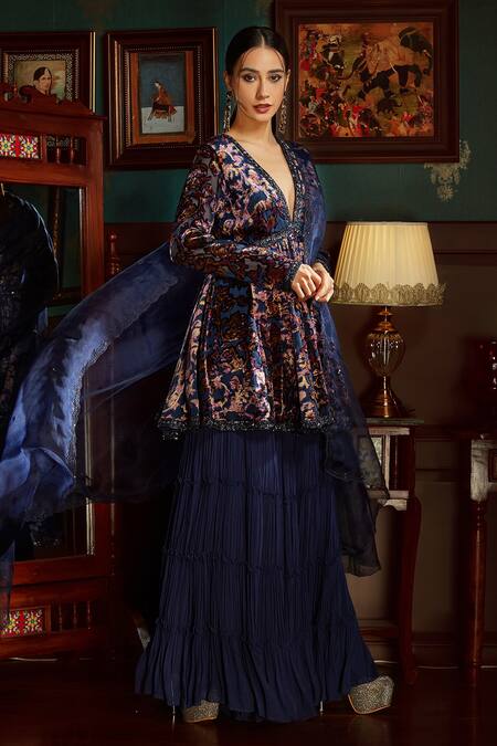 Buy Priyanka Jain Blue Velvet Lining Shantoon Abstract Print, Sequin And Peplum Kurta Sharara Set Online at Aza Fashions Buy_Priyanka Jain_Blue Velvet Lining Shantoon Abstract Print, Sequin And Peplum Kurta Sharara Set _Online_at_Aza_Fashions
