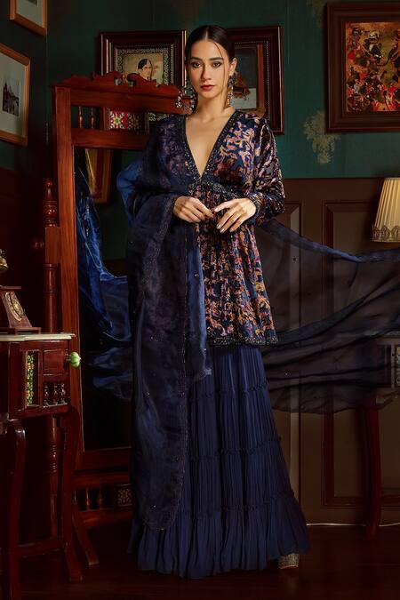 Shop Priyanka Jain Blue Velvet Lining Shantoon Abstract Print, Sequin And Peplum Kurta Sharara Set Online at Aza Fashions Shop_Priyanka Jain_Blue Velvet Lining Shantoon Abstract Print, Sequin And Peplum Kurta Sharara Set _Online_at_Aza_Fashions