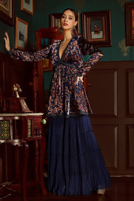 Priyanka Jain Blue Velvet Lining Shantoon Abstract Print, Sequin And Peplum Kurta Sharara Set at Aza Fashions Priyanka Jain_Blue Velvet Lining Shantoon Abstract Print, Sequin And Peplum Kurta Sharara Set _at_Aza_Fashions