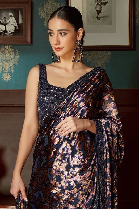 Shop_Priyanka Jain_Blue Velvet Lining Shantoon Floral Print, Sequin Pre-draped Saree With Blouse _Online_at_Aza_Fashions