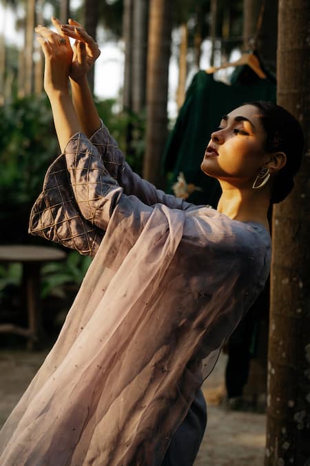 Shop_Label Shristi Chetani_Grey Organza, Dola Silk Round Hand Embroidered Kurta Set _Online_at_Aza_Fashions