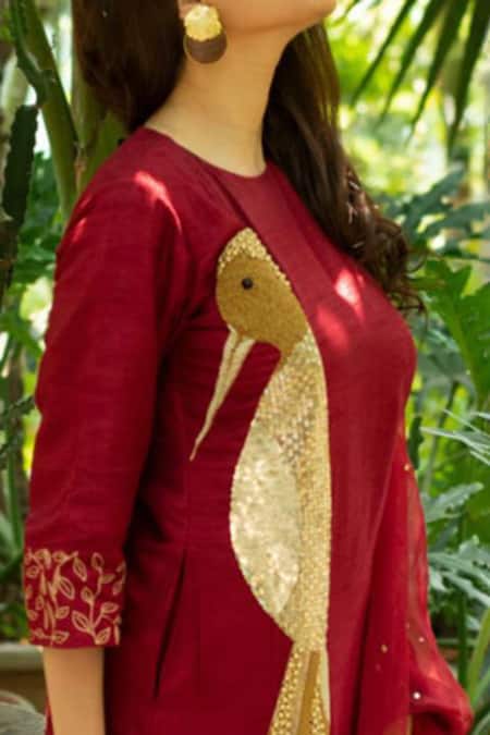 Label Shristi Chetani_Maroon Organza, Dola Silk Round Paneled A-line Kurta Set _Online_at_Aza_Fashions