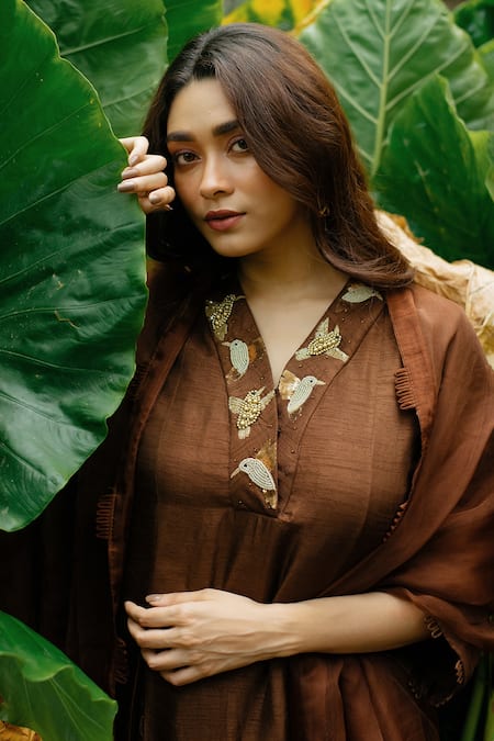 Shop_Label Shristi Chetani_Brown Organza, Dola Silk V Neck A-line Kurta Set _Online_at_Aza_Fashions
