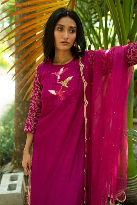 Shop_Label Shristi Chetani_Pink Organza, Dola Silk Round A-line Kurta Set _Online_at_Aza_Fashions