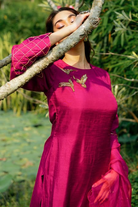 Label Shristi Chetani_Pink Organza, Dola Silk Round A-line Kurta Set _at_Aza_Fashions