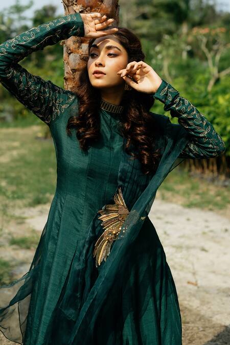 Label Shristi Chetani_Green Organza, Dola Silk High Neck Kalidar Kurta Set _Online_at_Aza_Fashions