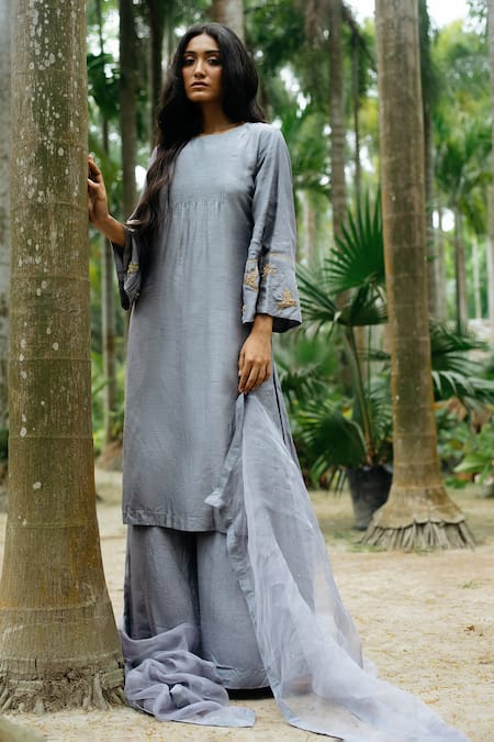 Shop_Label Shristi Chetani_Grey Organza, Dola Silk Round Hand Embroidered Kurta Set _Online_at_Aza_Fashions