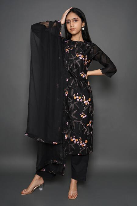 Kameez Black Chanderi, Cotton, Kota Doria Embroidery, Olive Branch Print Kurta Pant Set Online at Aza Fashions Kameez_Black Chanderi, Cotton, Kota Doria Embroidery, Olive Branch Print Kurta Pant Set _Online_at_Aza_Fashions