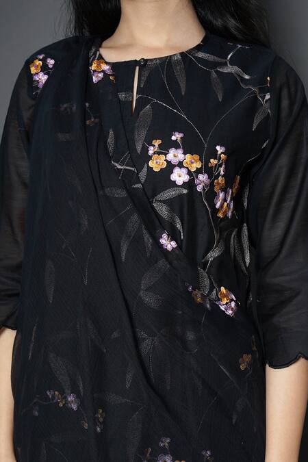 Kameez Black Chanderi, Cotton, Kota Doria Embroidery, Olive Branch Print Kurta Pant Set at Aza Fashions Kameez_Black Chanderi, Cotton, Kota Doria Embroidery, Olive Branch Print Kurta Pant Set _at_Aza_Fashions