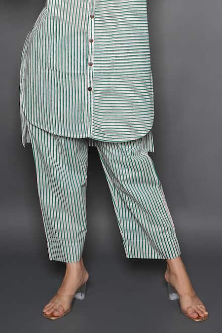 Kameez_Green Cotton Printed Stripe Collared Neck Tunic And Pant Set_at_Aza_Fashions