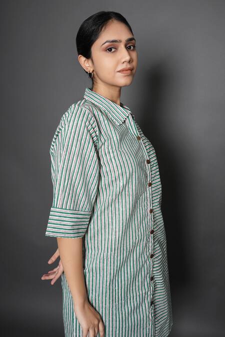 Buy_Kameez_Green Cotton Printed Stripe Collared Neck Tunic And Pant Set_Online_at_Aza_Fashions