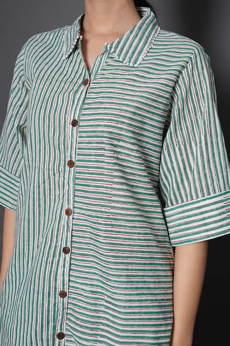 Shop_Kameez_Green Cotton Printed Stripe Collared Neck Tunic And Pant Set_Online_at_Aza_Fashions