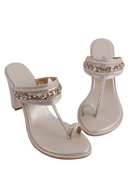 Preet Kaur_Ivory Embroidery Embellished Kolhapuri Block Heels_Online_at_Aza_Fashions