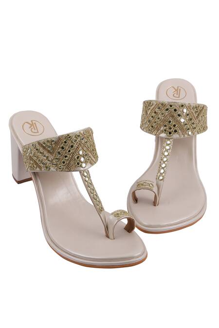 Preet Kaur Ivory Embroidery Sheesha Kolhapuri Block Heels Online at Aza Fashions Preet Kaur_Ivory Embroidery Sheesha Kolhapuri Block Heels _Online_at_Aza_Fashions