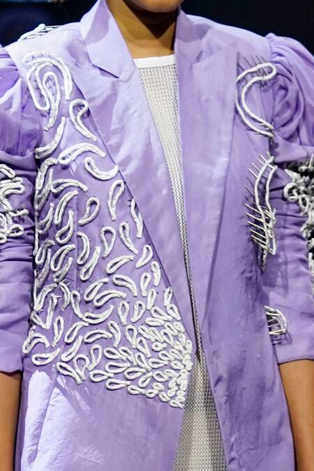 Shop_Nitin Bal Chauhan_Purple Silk Organza Embroidery Cord Notched Lapel Collar 3d Jacket _Online_at_Aza_Fashions