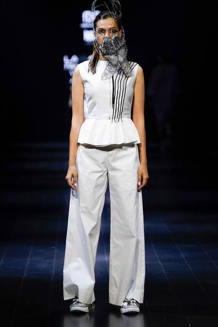 Shop_Nitin Bal Chauhan_White Cotton, Silk Embroidery Round Neck 3d Cord Work Peplum Top And Pant Set_Online_at_Aza_Fashions