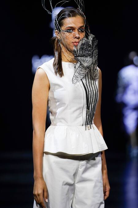 Nitin Bal Chauhan_White Cotton, Silk Embroidery Round Neck 3d Cord Work Peplum Top And Pant Set_at_Aza_Fashions