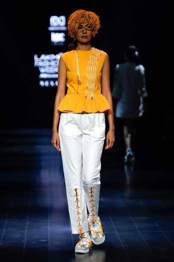 Buy_Nitin Bal Chauhan_Yellow Silk, Cotton Embroidery Round Neck Sleeveless Peplum Top And Pant Set _Online_at_Aza_Fashions