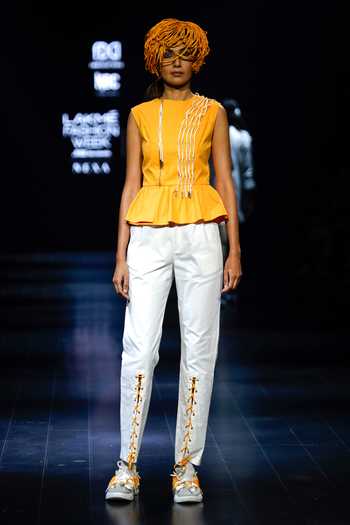 Shop_Nitin Bal Chauhan_Yellow Silk, Cotton Embroidery Round Neck Sleeveless Peplum Top And Pant Set _Online_at_Aza_Fashions