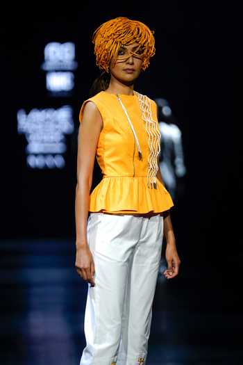 Nitin Bal Chauhan_Yellow Silk, Cotton Embroidery Round Neck Sleeveless Peplum Top And Pant Set _at_Aza_Fashions