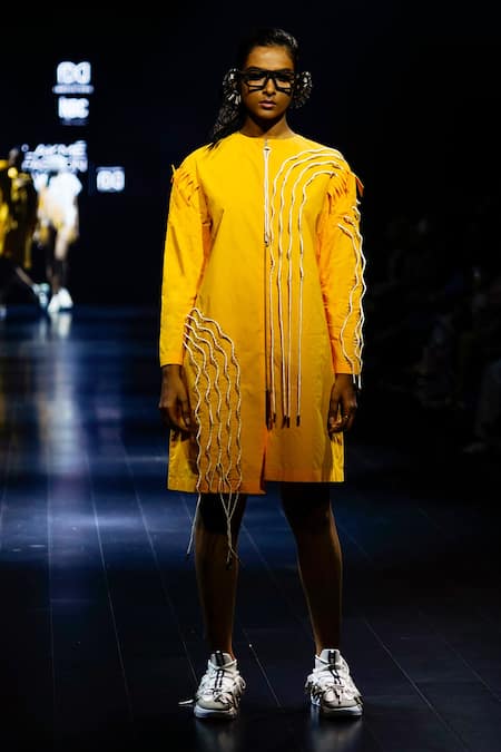 Nitin Bal Chauhan Yellow Cotton Round Neck 3d Embroidered Dress at Aza Fashions Nitin Bal Chauhan_Yellow Cotton Round Neck 3d Embroidered Dress _at_Aza_Fashions