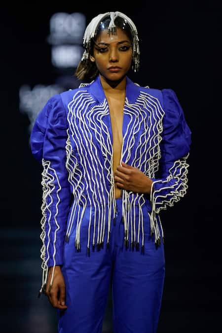 Shop_Nitin Bal Chauhan_Blue Silk Organza Embroidery Cord Open 3d Work Puff Sleeve Jacket And Pant Set _Online_at_Aza_Fashions