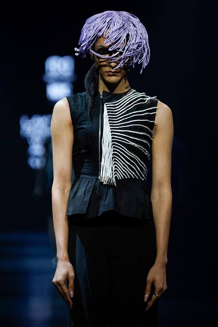 Nitin Bal Chauhan Black Cotton, Silk Embroidery Round Neck Peplum Top And Pant Set at Aza Fashions Nitin Bal Chauhan_Black Cotton, Silk Embroidery Round Neck Peplum Top And Pant Set_at_Aza_Fashions