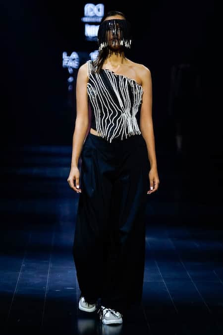 Buy Nitin Bal Chauhan Black Silk, Cotton Embroidery 3d Cord Work One Shoulder Top And Pant Set Online at Aza Fashions Buy_Nitin Bal Chauhan_Black Silk, Cotton Embroidery 3d Cord Work One Shoulder Top And Pant Set _Online_at_Aza_Fashions