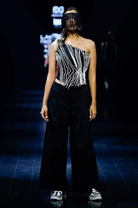 Shop Nitin Bal Chauhan Black Silk, Cotton Embroidery 3d Cord Work One Shoulder Top And Pant Set Online at Aza Fashions Shop_Nitin Bal Chauhan_Black Silk, Cotton Embroidery 3d Cord Work One Shoulder Top And Pant Set _Online_at_Aza_Fashions