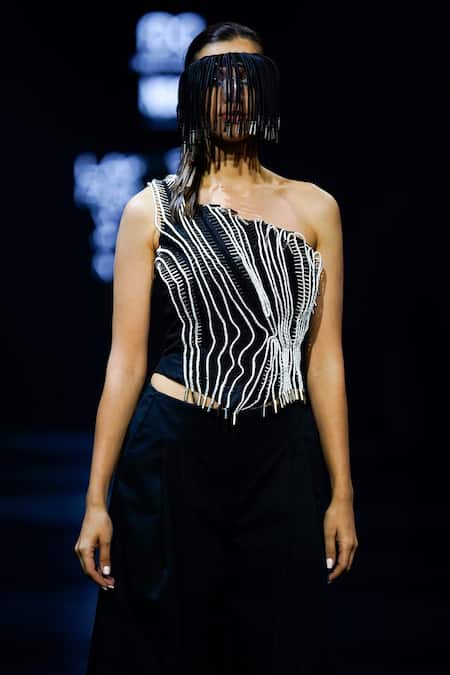 Nitin Bal Chauhan Black Silk, Cotton Embroidery 3d Cord Work One Shoulder Top And Pant Set at Aza Fashions Nitin Bal Chauhan_Black Silk, Cotton Embroidery 3d Cord Work One Shoulder Top And Pant Set _at_Aza_Fashions