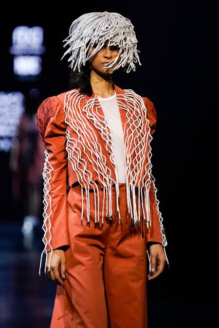 Nitin Bal Chauhan_Orange Silk Organza Embroidery Cord Open 3d Hand Jacket And Pant Set _at_Aza_Fashions