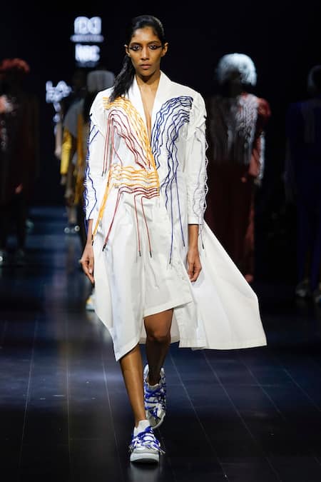 Nitin Bal Chauhan_White Cotton Embroidery V-neck 3d Cord Full Sleeve Dress _at_Aza_Fashions