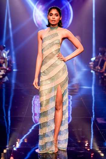 Shop_Itrh_Blue Net Embellished Crystal Turtle Neck Collar Charnelle Work High Slit Gown_Online_at_Aza_Fashions