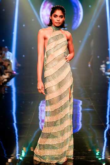 Itrh_Blue Net Embellished Crystal Turtle Neck Collar Charnelle Work High Slit Gown_at_Aza_Fashions
