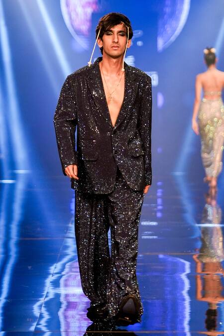 Itrh_Blue Polyester Crystals, Sequins Taliesin Blazer And Pant Set _at_Aza_Fashions