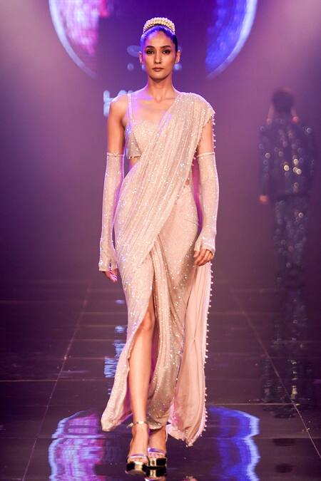 Shop Itrh Pink Net Beads Sweetheart Neck Flashy Fancy Pre-draped Saree With Corset Blouse Online at Aza Fashions Shop_Itrh_Pink Net Beads Sweetheart Neck Flashy Fancy Pre-draped Saree With Corset Blouse _Online_at_Aza_Fashions