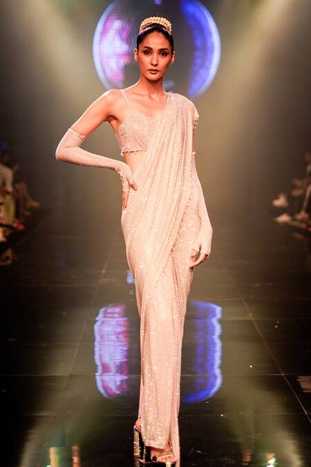 Buy Itrh Pink Net Beads Sweetheart Neck Flashy Fancy Pre-draped Saree With Corset Blouse Buy_Itrh_Pink Net Beads Sweetheart Neck Flashy Fancy Pre-draped Saree With Corset Blouse