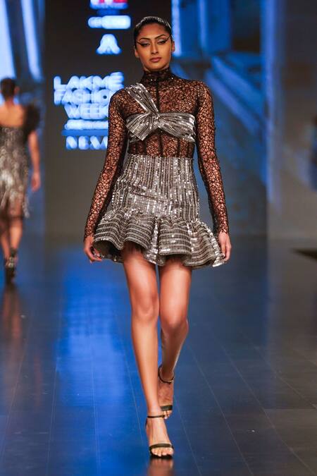 Rudraksh Dwivedi_Silver Plastic Sequin Trim And Tulle Lining High Waisted Platinum Trumpet Skirt_Online_at_Aza_Fashions