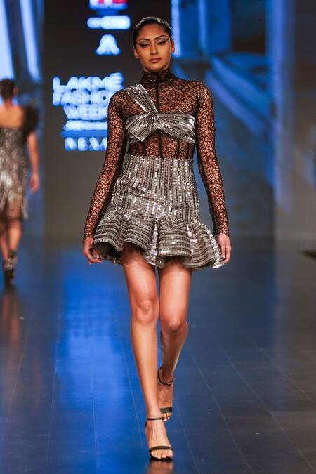 Rudraksh Dwivedi Black Tulle And Nylon Crochet Mesh Lining Butter Crepe Embellished Bodysuit Online at Aza Fashions Rudraksh Dwivedi_Black Tulle And Nylon Crochet Mesh Lining Butter Crepe Embellished Bodysuit_Online_at_Aza_Fashions