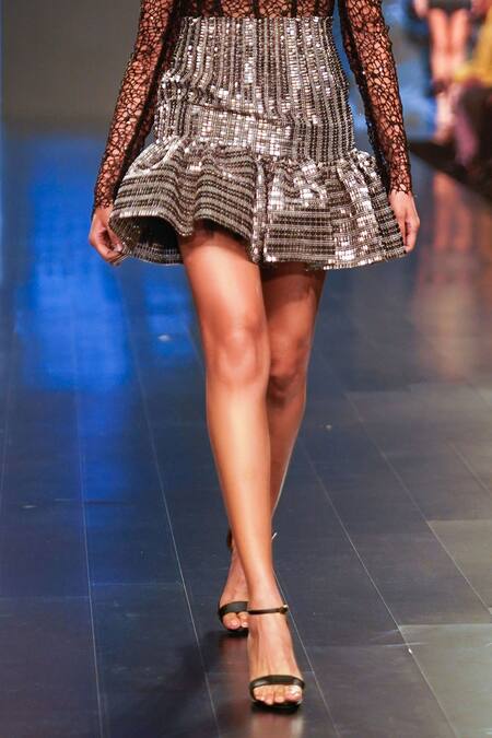 Buy_Rudraksh Dwivedi_Silver Plastic Sequin Trim And Tulle Lining High Waisted Platinum Trumpet Skirt_Online_at_Aza_Fashions