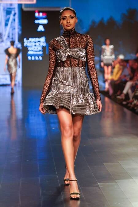 Rudraksh Dwivedi_Silver Plastic Sequin Trim And Tulle Lining Butter Crepe Gunmetal Crop Top_Online_at_Aza_Fashions