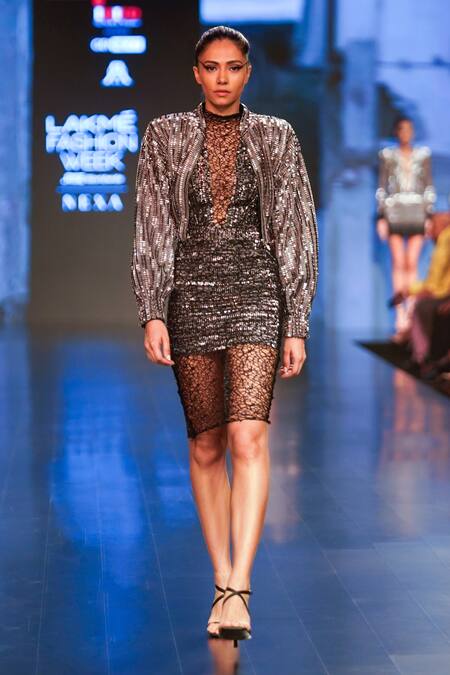 Rudraksh Dwivedi_Silver Plastic Sequin Trim And Tulle Lining Butter Crepe Platinum Cropped Jacket_Online_at_Aza_Fashions
