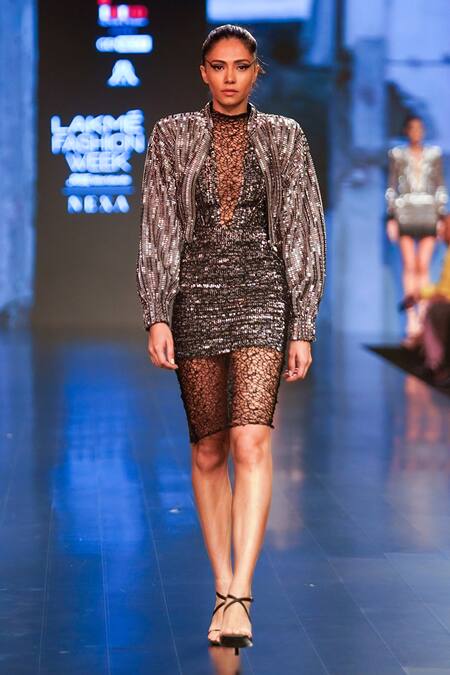 Rudraksh Dwivedi_Silver Plastic Trim Embellished High Crochet Mesh Hem Dress_Online_at_Aza_Fashions