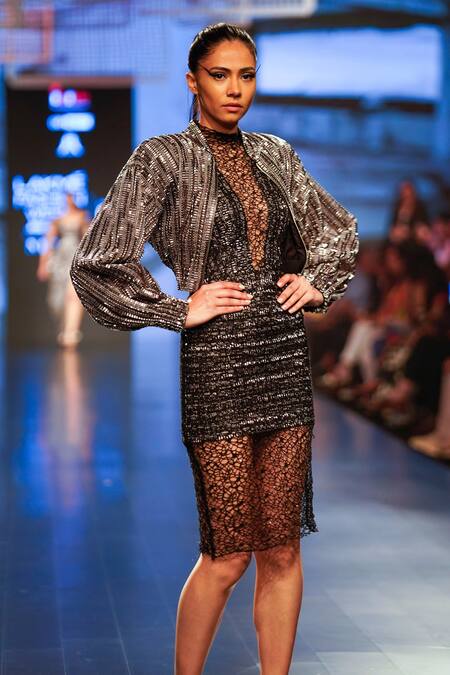 Shop_Rudraksh Dwivedi_Silver Plastic Trim Embellished High Crochet Mesh Hem Dress_Online_at_Aza_Fashions